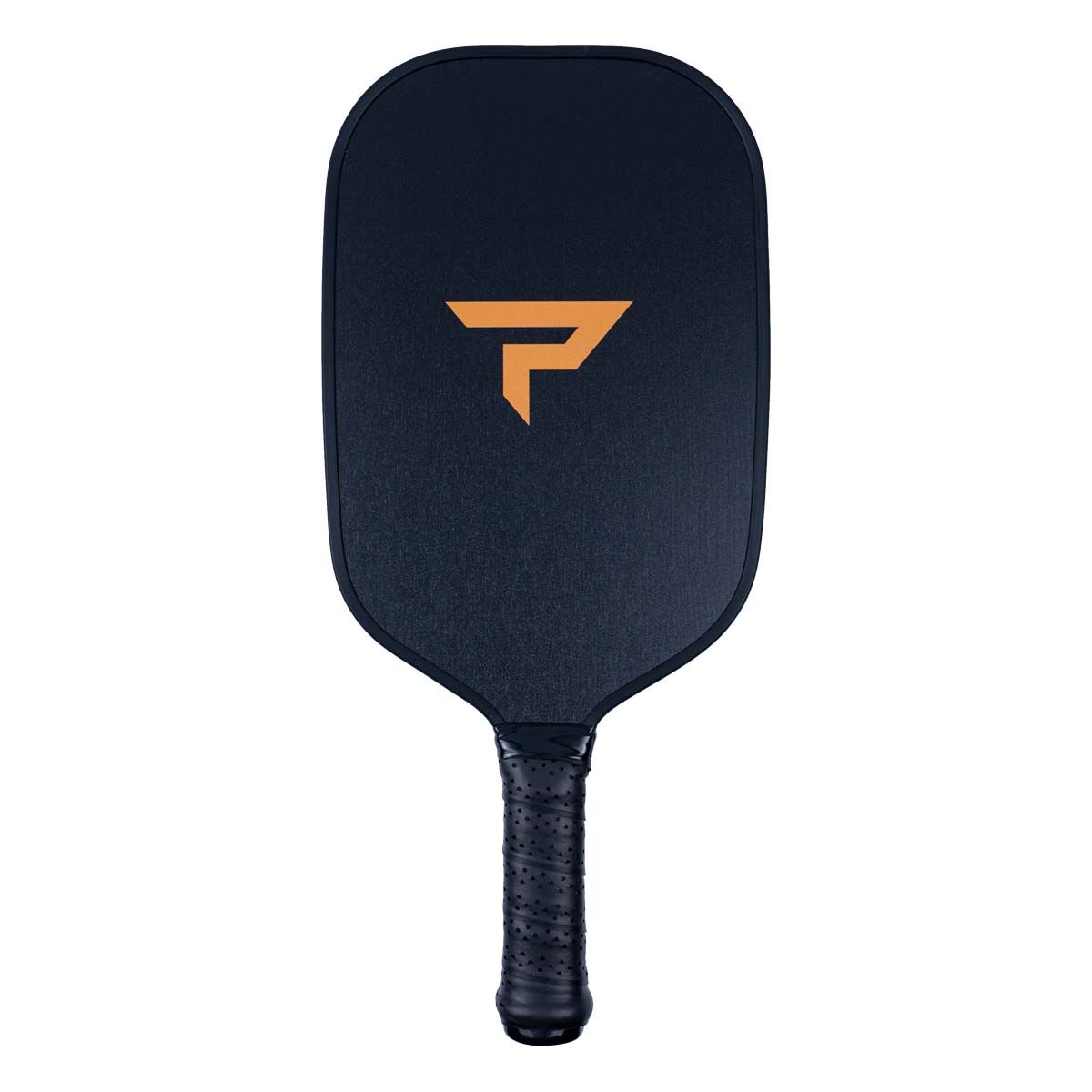 Front view of a navy pickleball paddle with an orange P logo and black perforated grip.