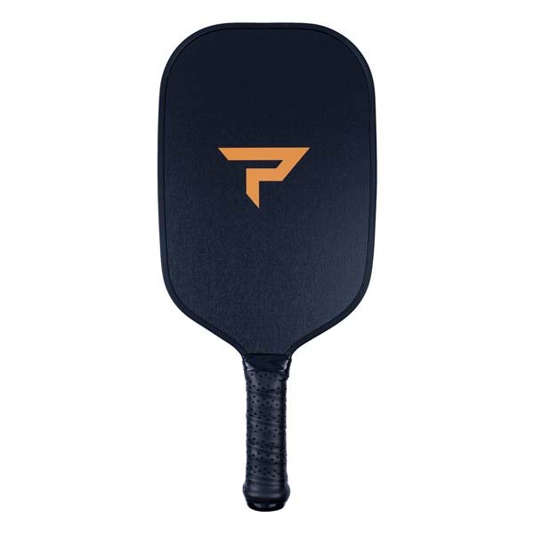 Front view of a navy pickleball paddle with an orange P logo and black perforated grip.