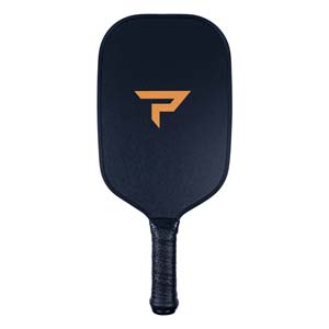 Front view of a navy pickleball paddle with an orange P logo and black perforated grip.