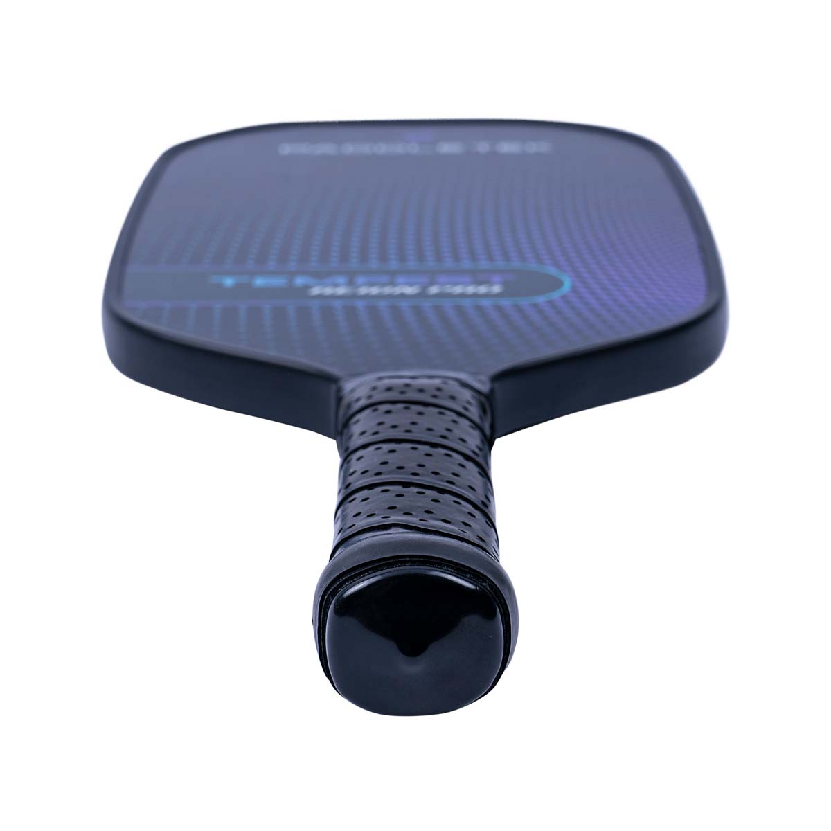 Top-down view of a black pickleball paddle with a textured surface and perforated grip.