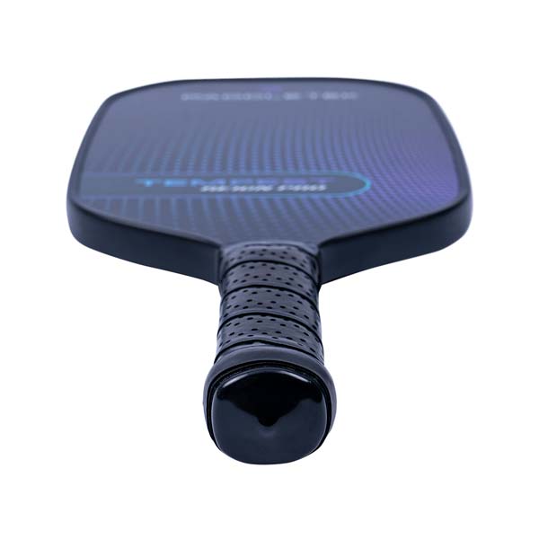 Top-down view of a black pickleball paddle with a textured surface and perforated grip.