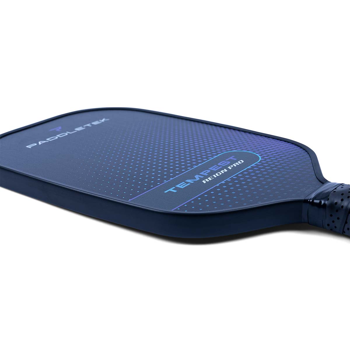 Side view of a blue pickleball paddle with PADDLETEK and TEMPEST REIGN PRO text.