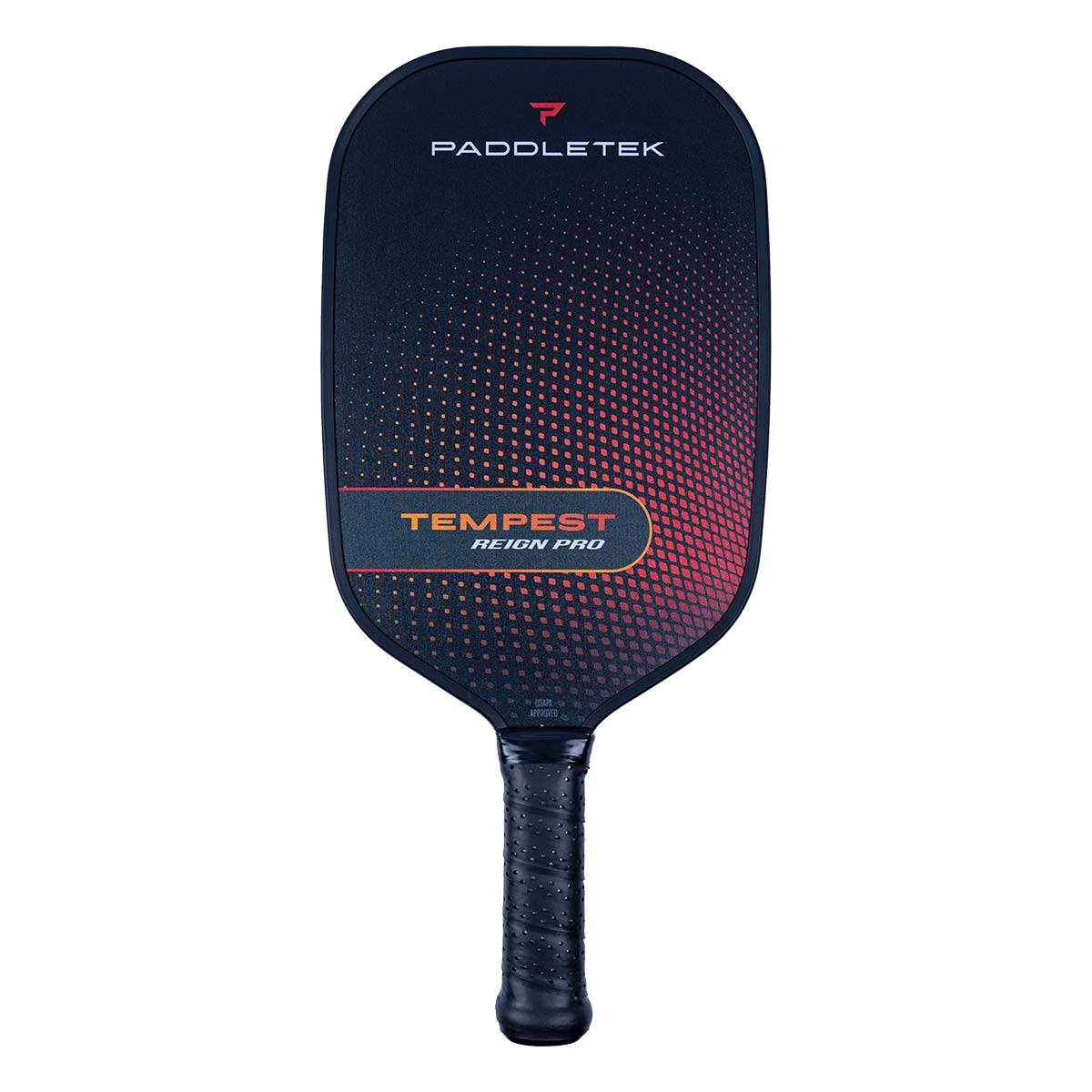 Front view of a black pickleball paddle with a red and orange gradient dot pattern and TEMPEST REIGN PRO text.