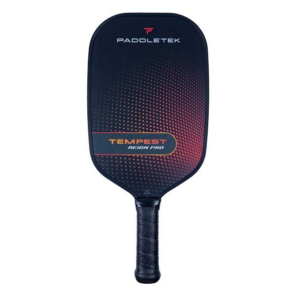 Front view of a black pickleball paddle with a red and orange gradient dot pattern and TEMPEST REIGN PRO text.