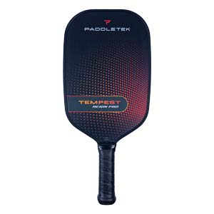 Front view of a black pickleball paddle with a red and orange gradient dot pattern and TEMPEST REIGN PRO text.