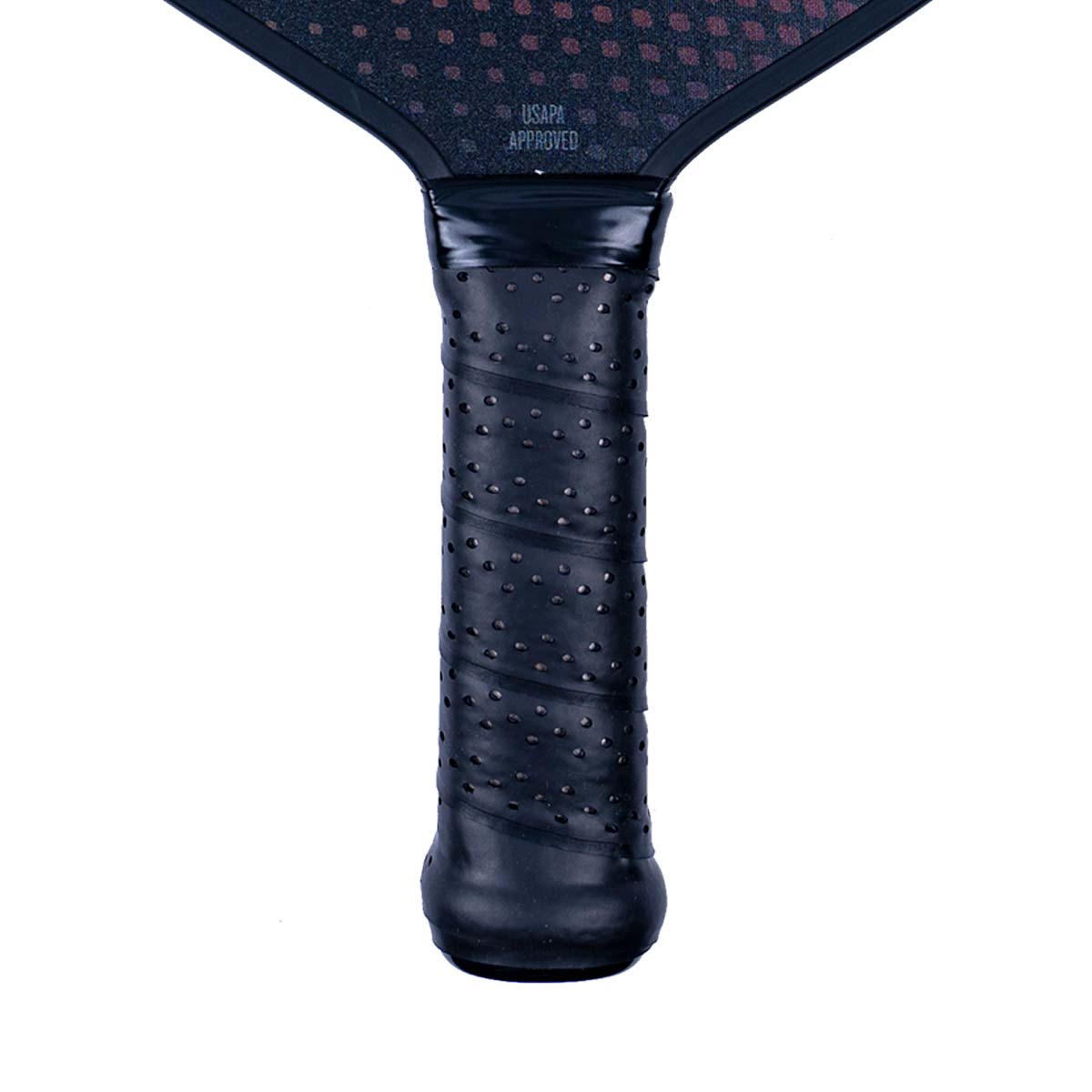 Close-up of a black pickleball paddle grip with a perforated texture and USAPA APPROVED text.