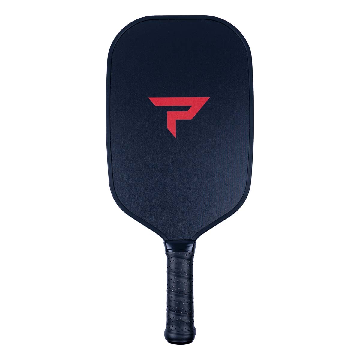 Front view of a navy pickleball paddle with a red P logo and textured grip.