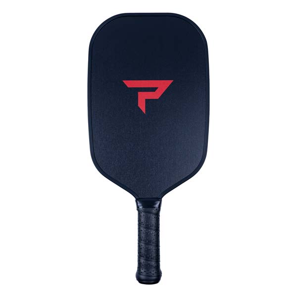 Front view of a navy pickleball paddle with a red P logo and textured grip.