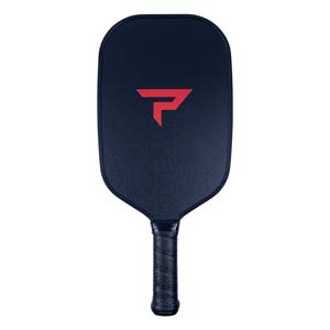 Front view of a navy pickleball paddle with a red P logo and textured grip.