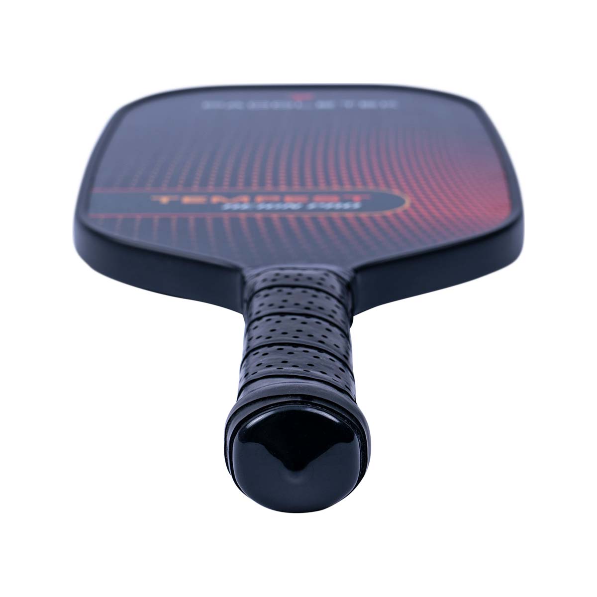 Top-down view of a black pickleball paddle with red gradient lines and TEMPEST REIGN PRO text.