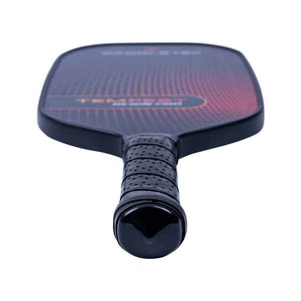 Top-down view of a black pickleball paddle with red gradient lines and TEMPEST REIGN PRO text.