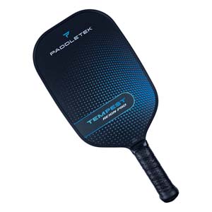 Top-down view of a black pickleball paddle with blue gradient dots, PADDLETEK and TEMPEST REIGN PRO text.