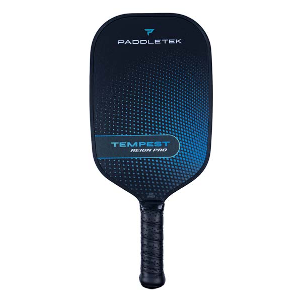 Front view of a black pickleball paddle with blue gradient dots and TEMPEST REIGN PRO text.