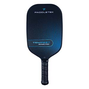 Front view of a black pickleball paddle with blue gradient dots and TEMPEST REIGN PRO text.
