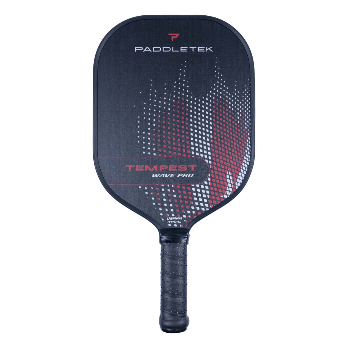 Front view of a black pickleball paddle with PADDLETEK and TEMPEST WAVE PRO text and a red and white wave pattern.