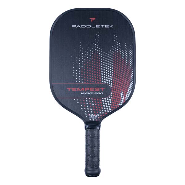 Front view of a black pickleball paddle with PADDLETEK and TEMPEST WAVE PRO text and a red and white wave pattern.