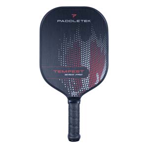 Front view of a black pickleball paddle with PADDLETEK and TEMPEST WAVE PRO text and a red and white wave pattern.