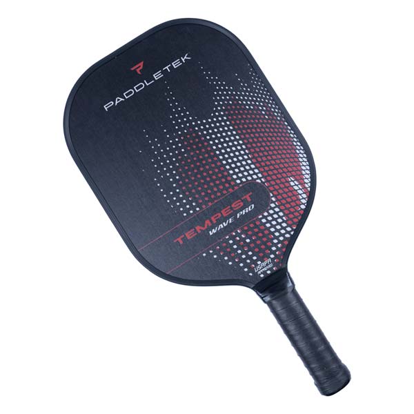 Top-down view of a black pickleball paddle with red and white dot pattern, TEMPEST WAVE PRO text, and PADDLETEK logo.