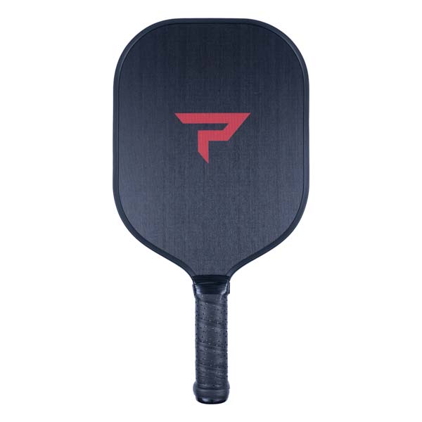 Front view of a black pickleball paddle with a red stylized P logo and textured grip.
