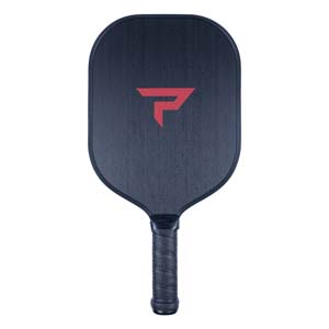 Front view of a black pickleball paddle with a red stylized P logo and textured grip.