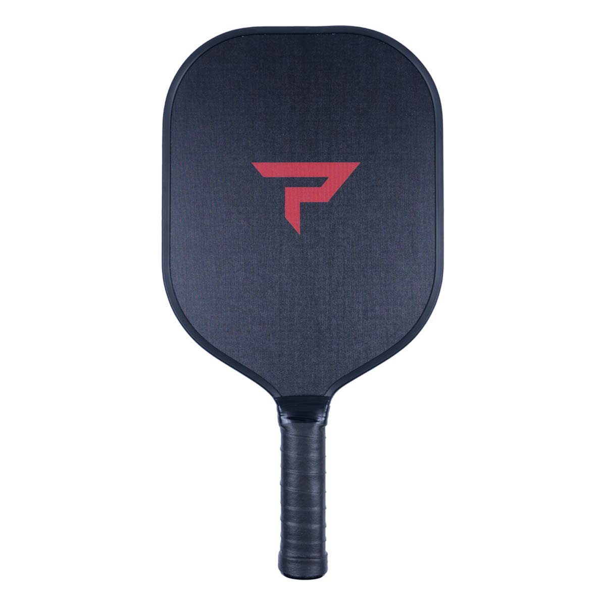 Front view of a dark gray pickleball paddle with a red P logo and textured surface.