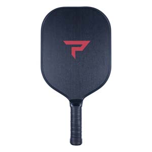 Front view of a dark gray pickleball paddle with a red P logo and textured surface.
