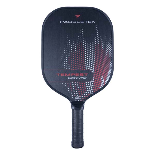 Front view of a black pickleball paddle with PADDLETEK and TEMPEST WAVE PRO text, and a red and white abstract design.