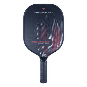 Front view of a black pickleball paddle with PADDLETEK and TEMPEST WAVE PRO text, and a red and white abstract design.