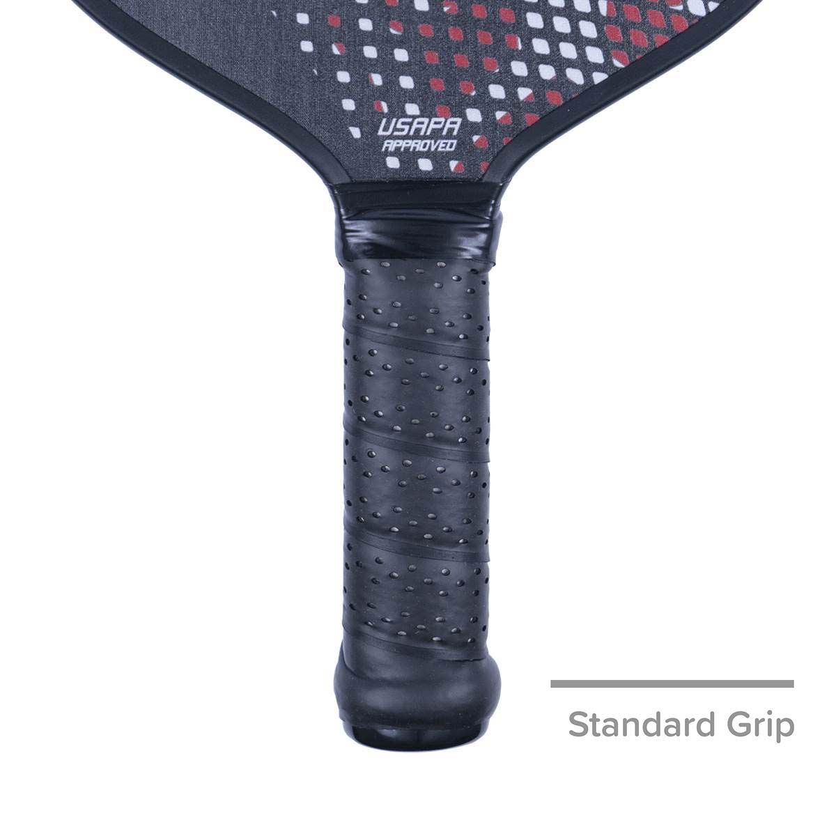 Close-up of a black pickleball paddle grip with perforations and USAPA APPROVED text.