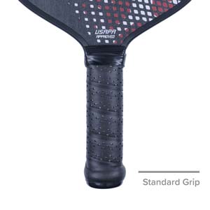 Close-up of a black pickleball paddle grip with perforations and USAPA APPROVED text.