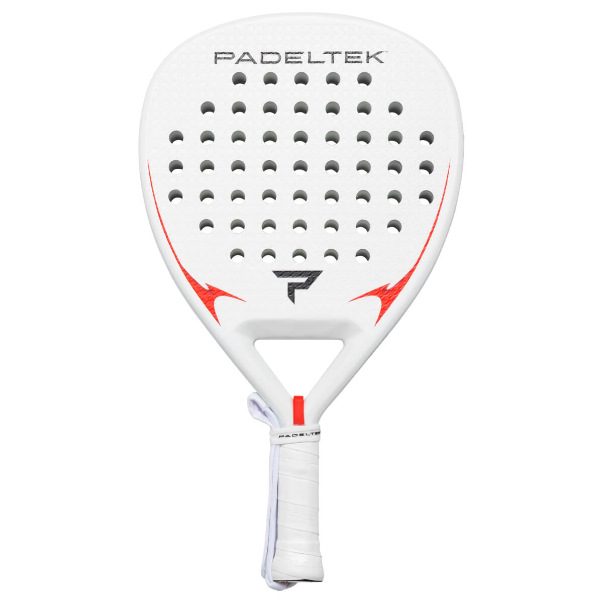Front view of a white Padeltek racket with red accents, a black logo, and a white grip.