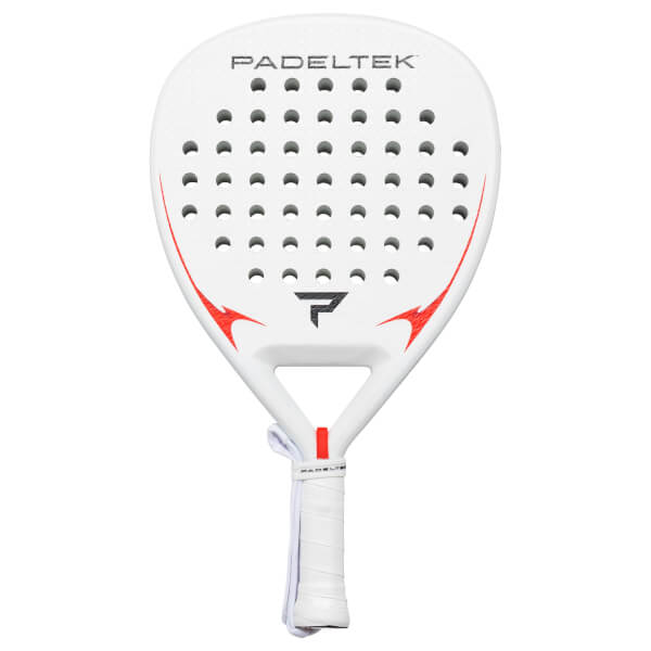 Front view of a white Padeltek racket with red accents, a black logo, and a white grip.