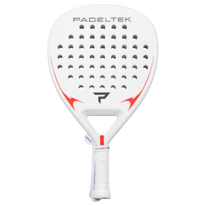 Front view of a white Padeltek racket with red accents, a black logo, and a white grip.