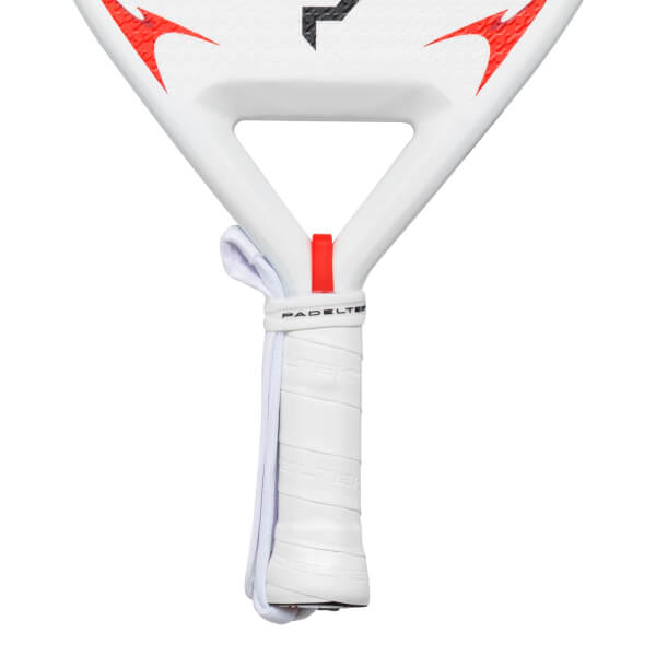 Close-up of the handle showing the white grip with "PADELTEX" embossed and a red accent.