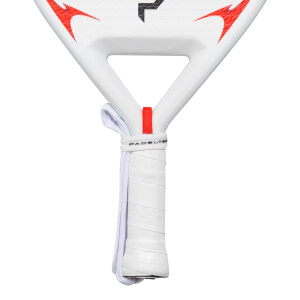 Close-up of the handle showing the white grip with "PADELTEX" embossed and a red accent.