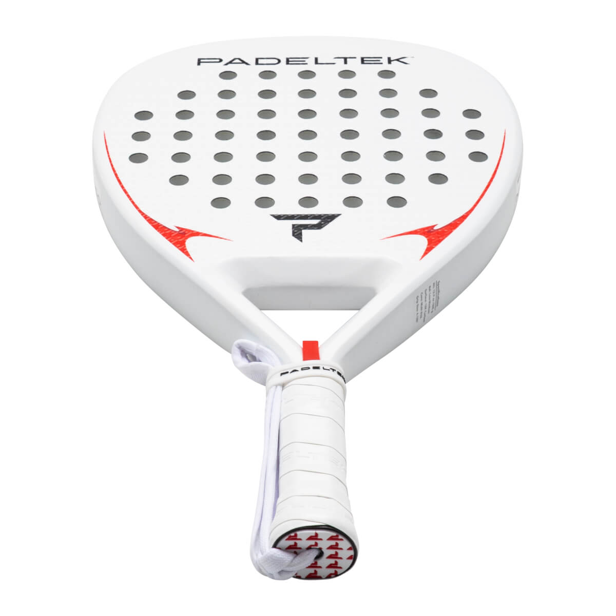 Top-down view of a white Padeltek racket with a black logo, red accents, and a white grip.