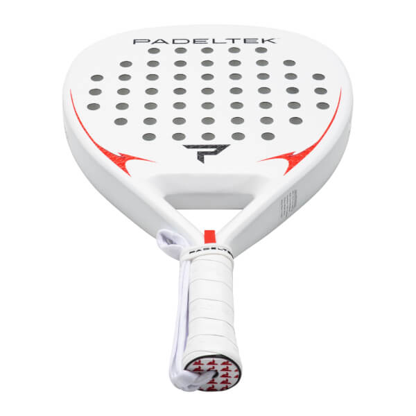 Top-down view of a white Padeltek racket with a black logo, red accents, and a white grip.