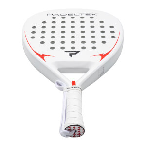 Top-down view of a white Padeltek racket with a black logo, red accents, and a white grip.