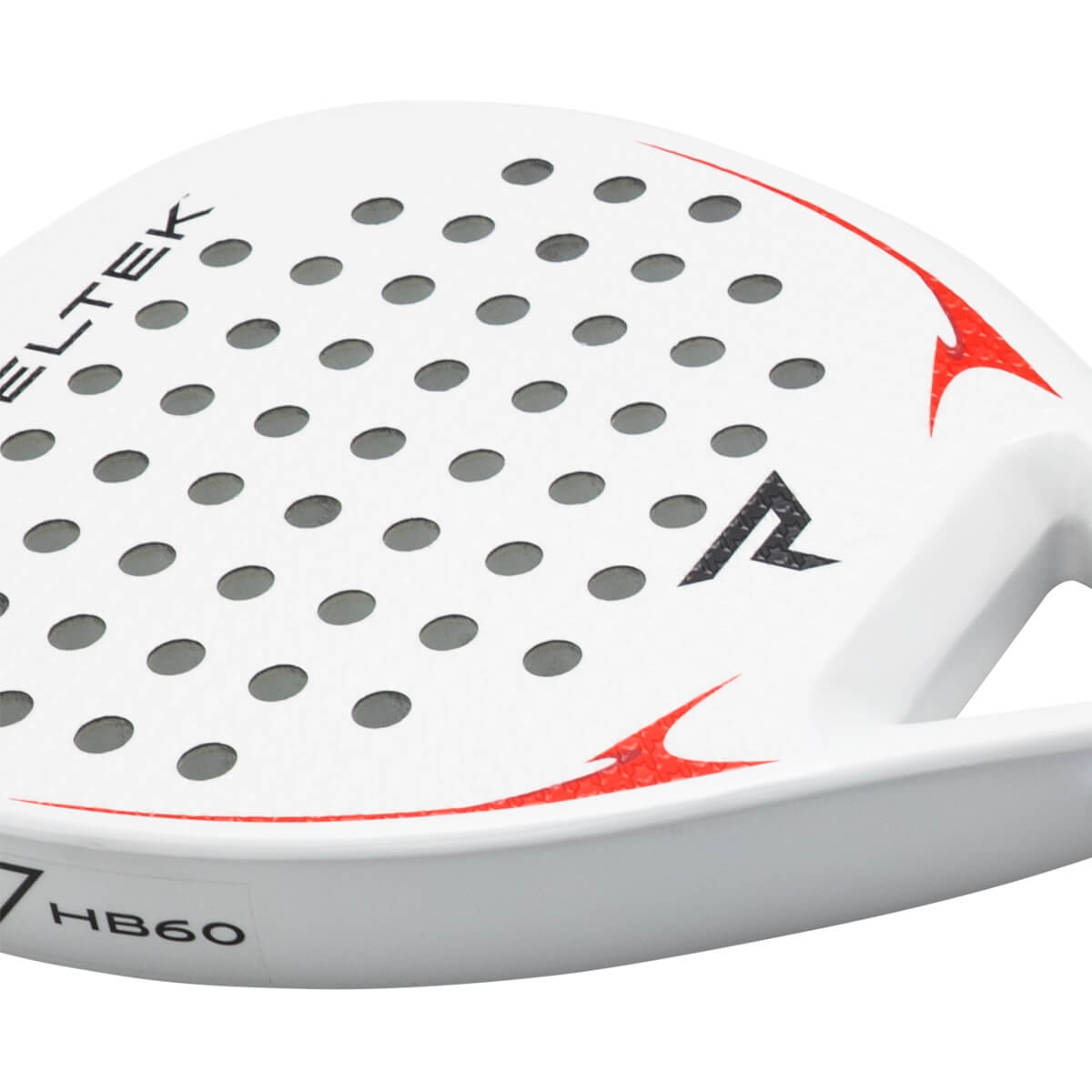 Corner view of a white padel racket with red accents, gray dots, and "ELTEK" and "HB60" text.