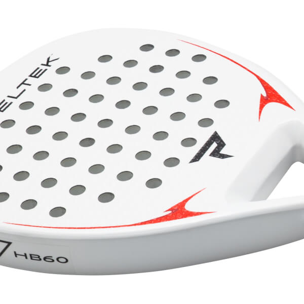 Corner view of a white padel racket with red accents, gray dots, and "ELTEK" and "HB60" text.