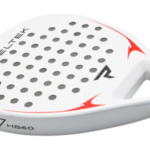 Corner view of a white padel racket with red accents, gray dots, and "ELTEK" and "HB60" text.