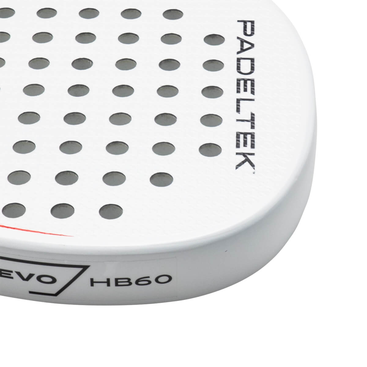 Corner view of a white paddle showing the "PADELTEK" logo and "EVO HB60" text.
