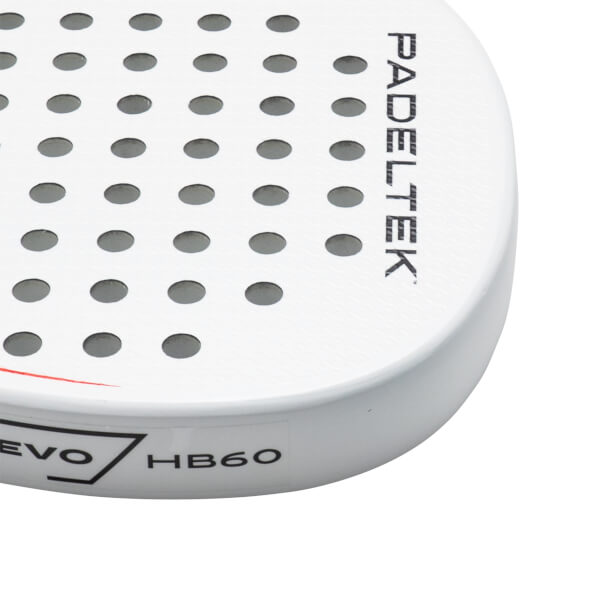 Corner view of a white paddle showing the "PADELTEK" logo and "EVO HB60" text.