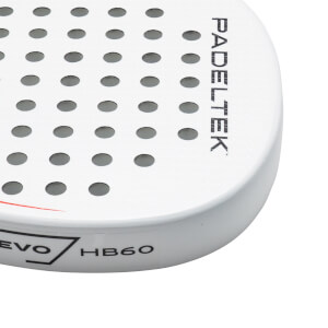 Corner view of a white paddle showing the "PADELTEK" logo and "EVO HB60" text.