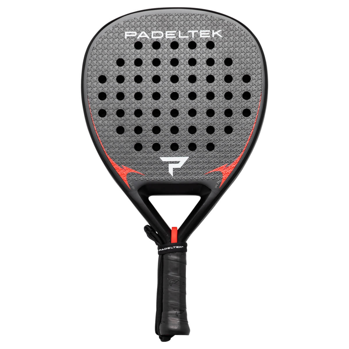 Front view of a black padel racket with a grey textured face, red accents, and "PADELTEK" branding.