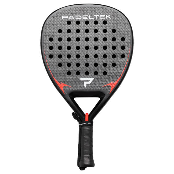 Front view of a black padel racket with a grey textured face, red accents, and "PADELTEK" branding.