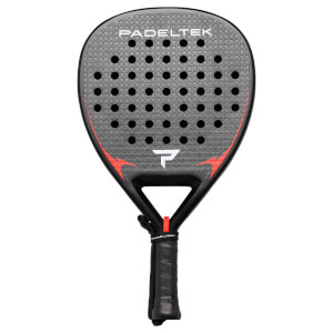 Front view of a black padel racket with a grey textured face, red accents, and "PADELTEK" branding.