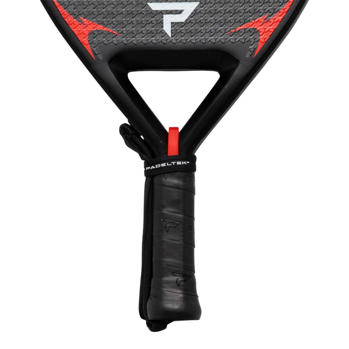 Close-up of a black padel racket grip with a red strap and "PADELTEK" text.