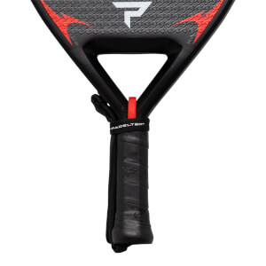 Close-up of a black padel racket grip with a red strap and "PADELTEK" text.