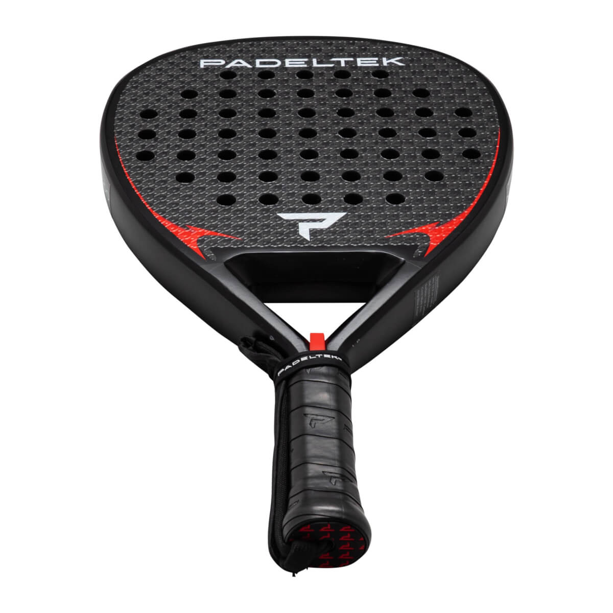 Front view of a black Padeltek paddle with red accents and a white "P" logo.